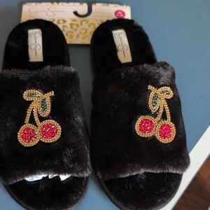 Black Fuzzy Slippers with Cherry Embellishment